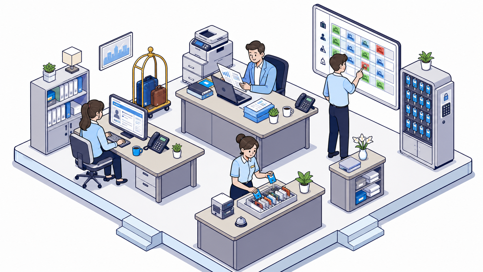 Ilustrasi operasional kantor hotel dengan front office, kalender kamar, dan staf hotel
